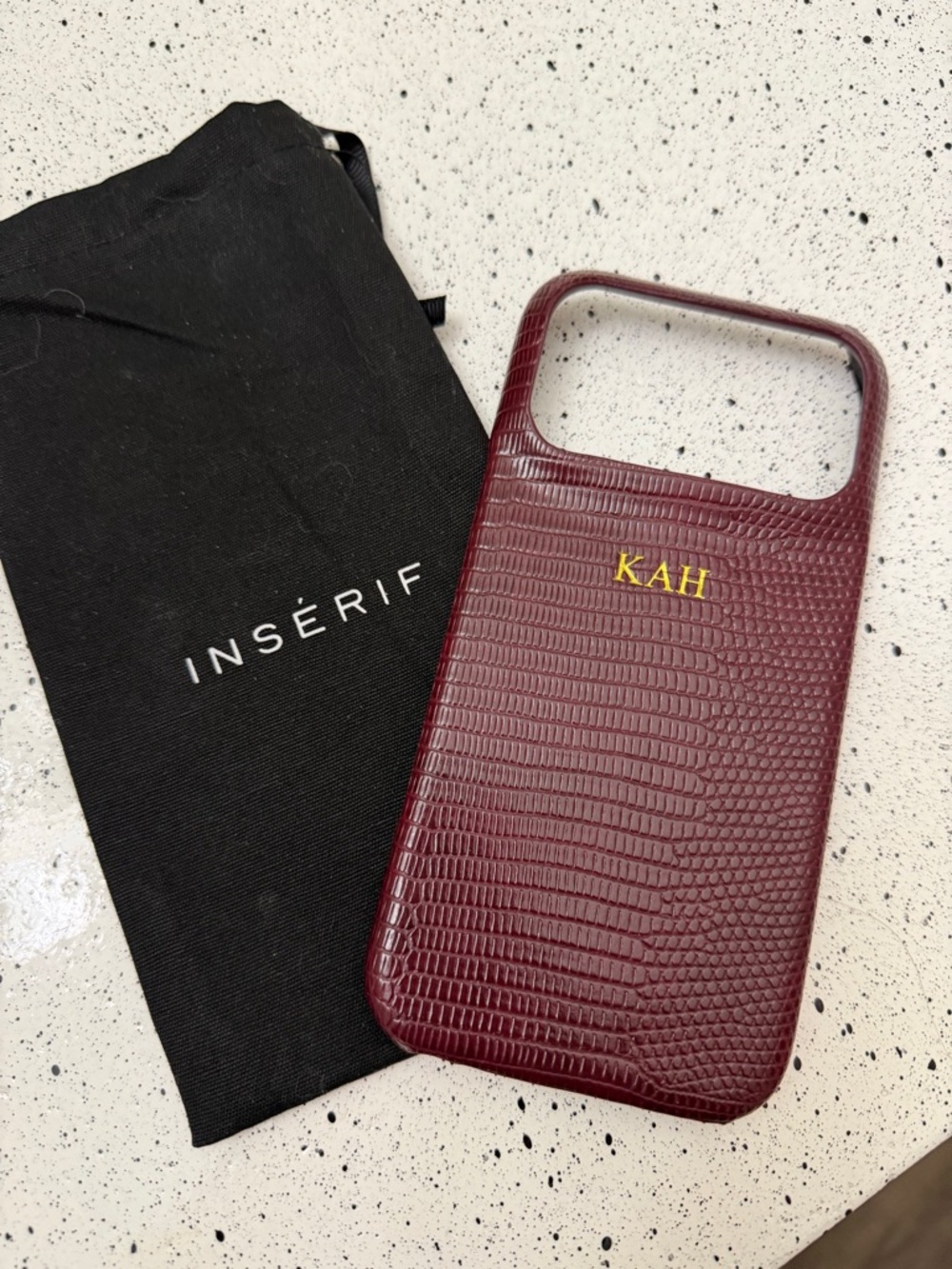 Burgundy Lizard-Texture Phone Case with Gold Monogram